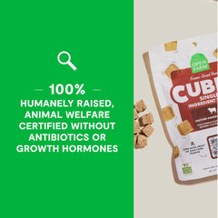 Open Farm Cubes ethically sourced poultry—humanely raised treats you can feel good about.