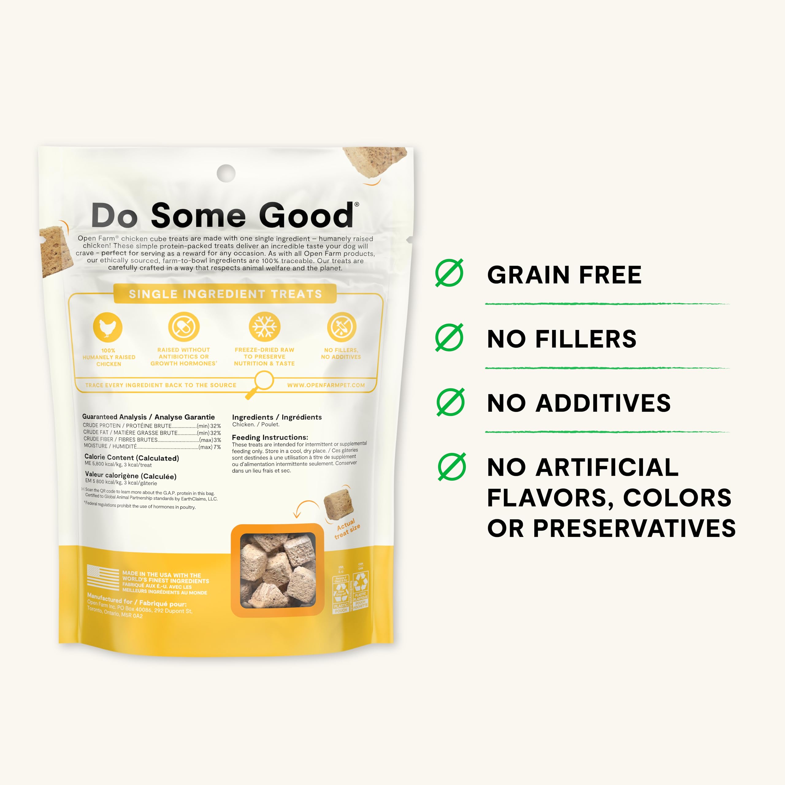Open Farm Cubes pack close-up—crunchy texture ideal for rewards and training.