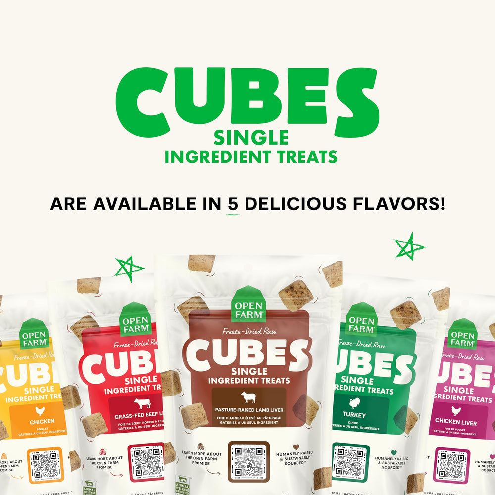 Open Farm Cubes USA-made packaging—traceable ingredients and farm-to-bowl transparency.