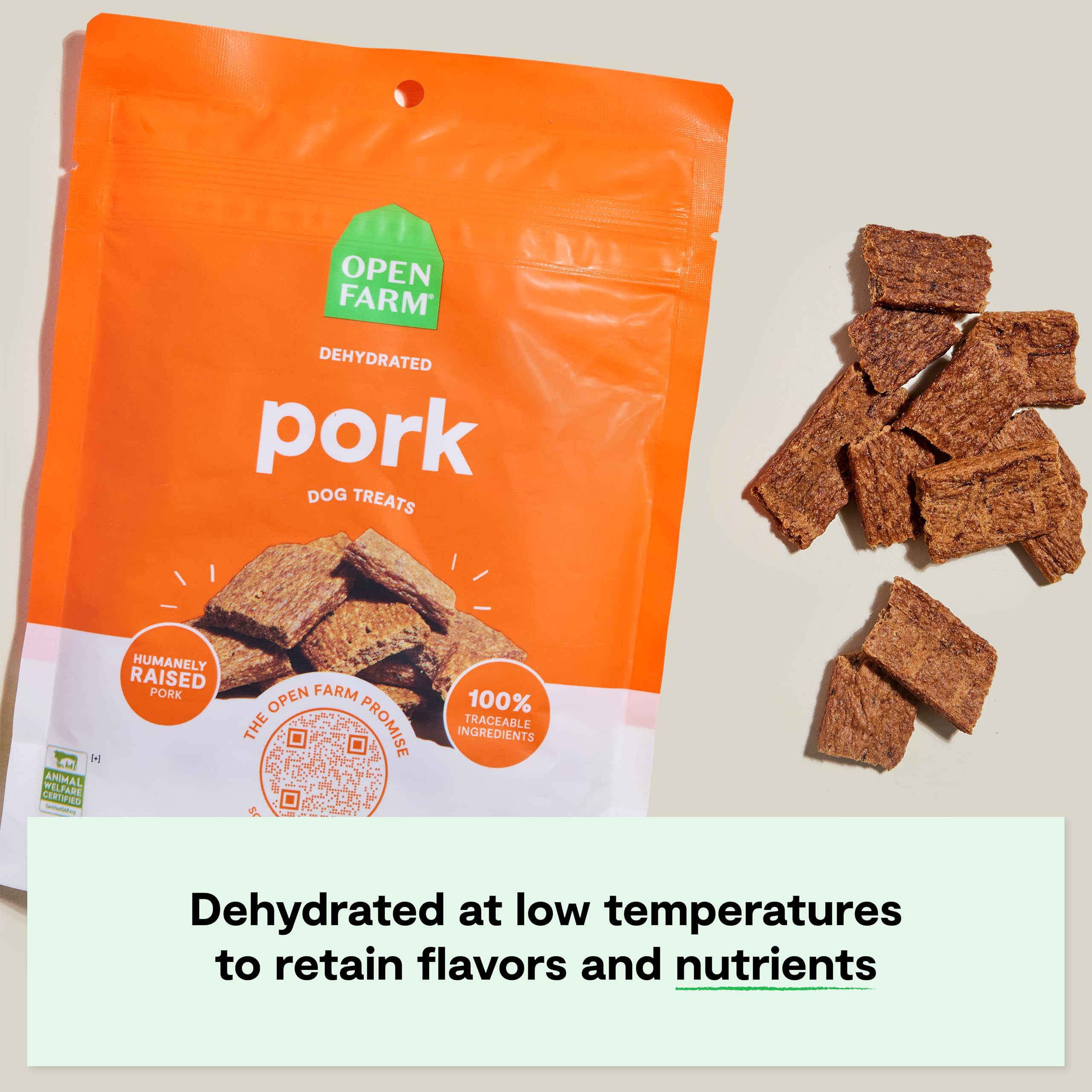 Open Farm Dehydrated Pork Treats serving bowl shot suggests crunchy texture as a tasty reward.