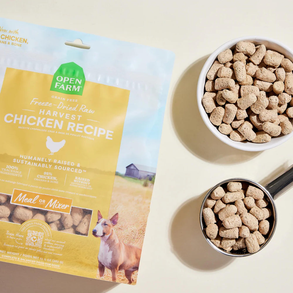 Open Farm bowl with morsels ready to serve; convenient for quick meals.