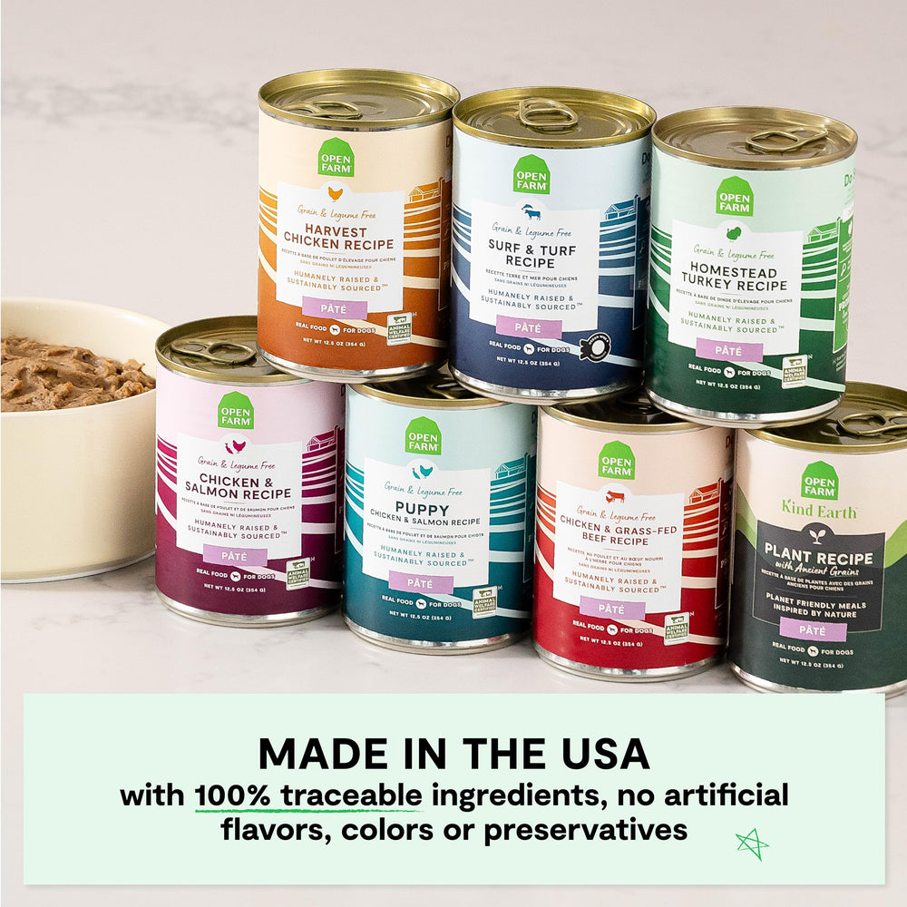 Open Farm farm-to-bowl sourcing image emphasizes traceable, ethically produced ingredients