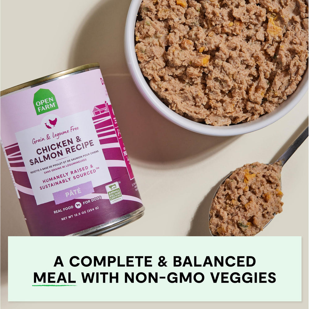 Open Farm dog food pate grain-free legume-free formula label on can packaging
