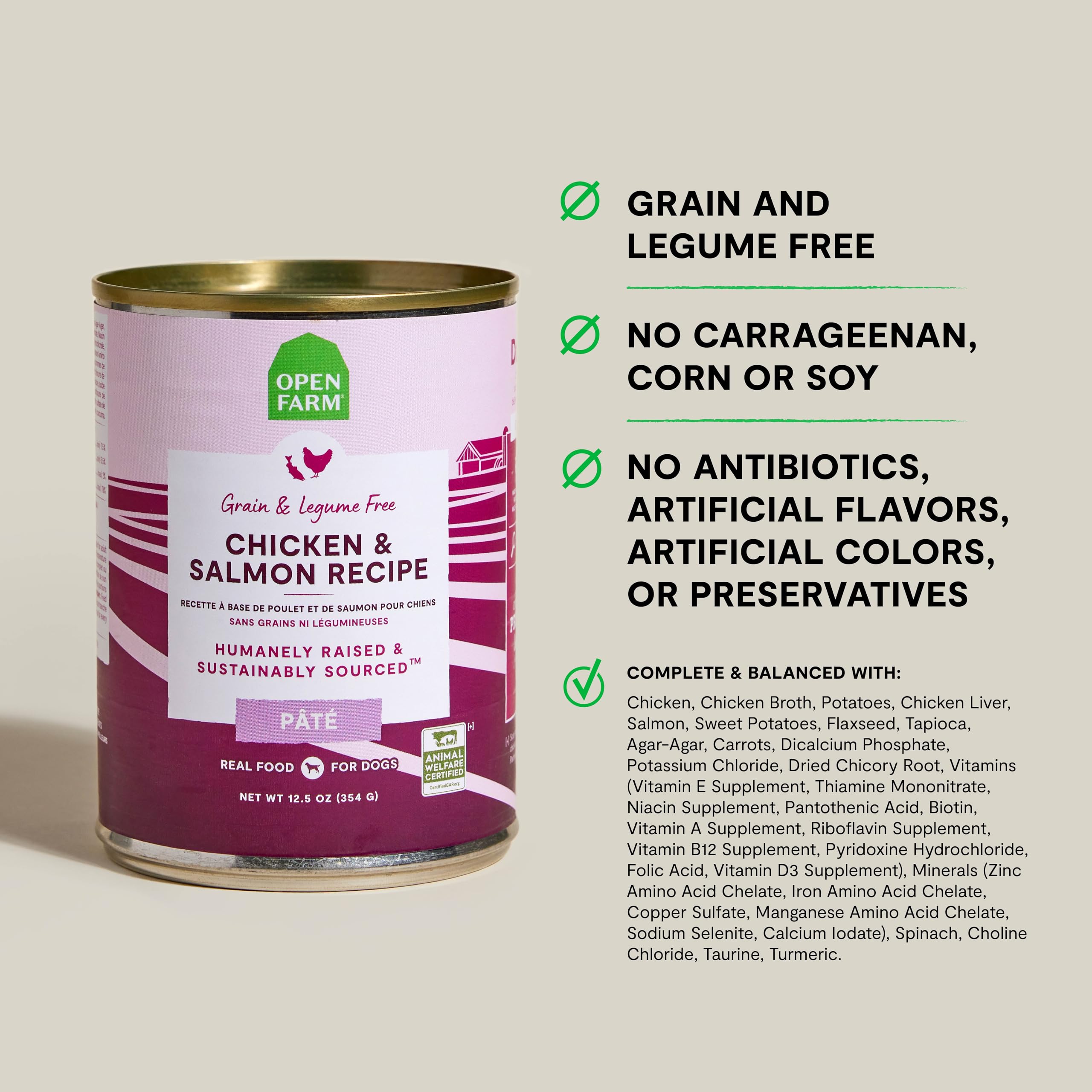 Open Farm dog food pate meat-first protein close-up shows chicken and salmon for flavor