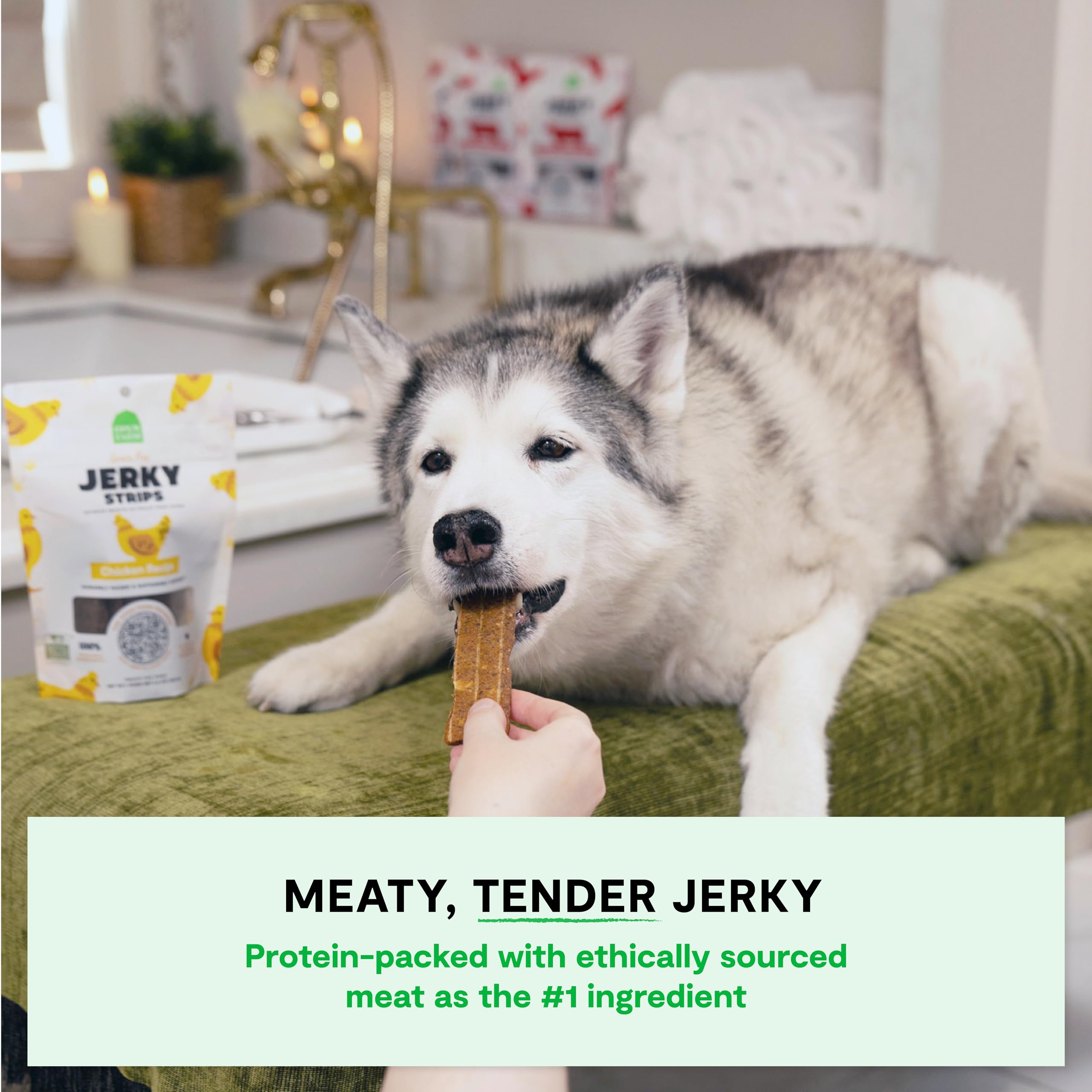 Open Farm jerky pouch back highlights ingredients and grain-free recipe for sensitive dogs.