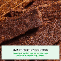Open Farm jerky strips closeup emphasizes meat quality and low-temperature dehydration.