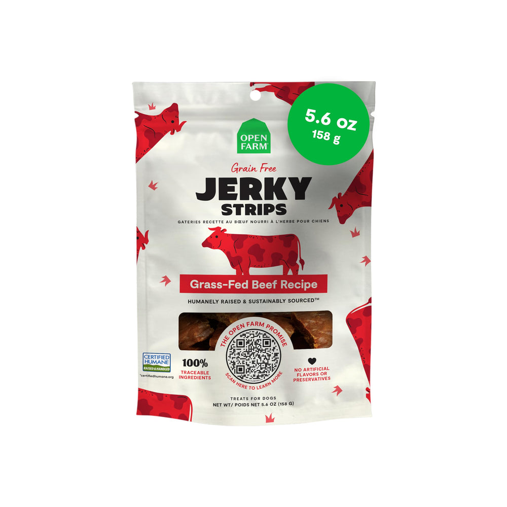 Open Farm dog jerky soft-chewy oven-baked close-up showing tender texture for rewards