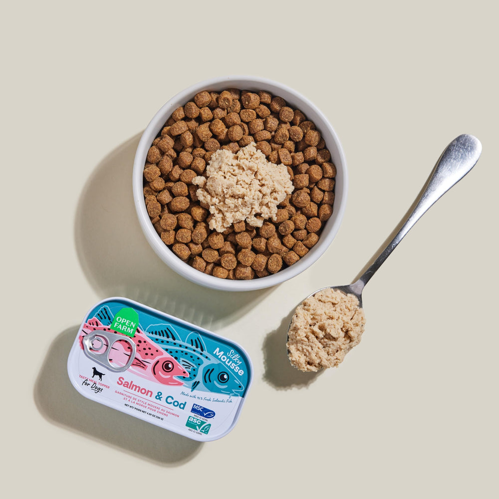 Open Farm topper mixed with kibble to boost flavor and texture