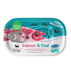 Open Farm silky mousse can close-up, salmon and cod imagery, omega-rich flavor for a healthy coat