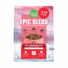 Open Farm Epic Blend beef kibble bag highlighting high-protein formula for dogs.