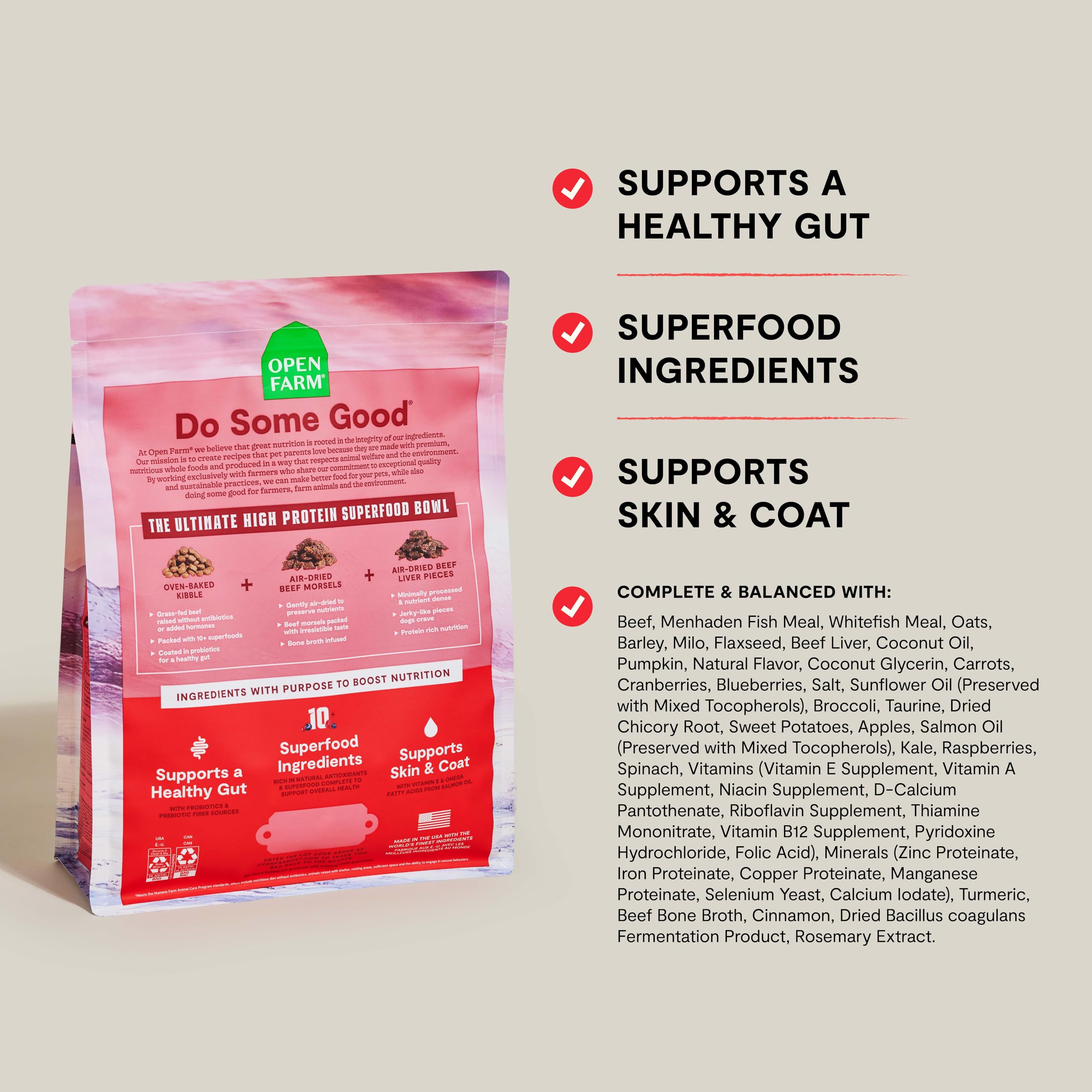 Open Farm Epic Blend minimally processed ingredients highlight clean, nutrient-dense nutrition.
