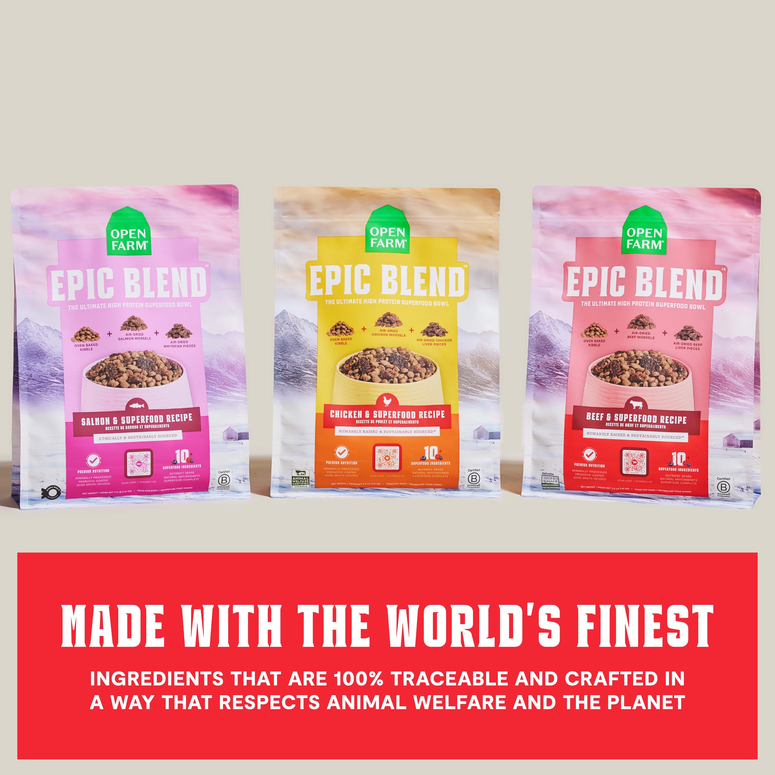 Open Farm Epic Blend superfoods ingredient panel emphasizes antioxidant-rich components for vitality.
