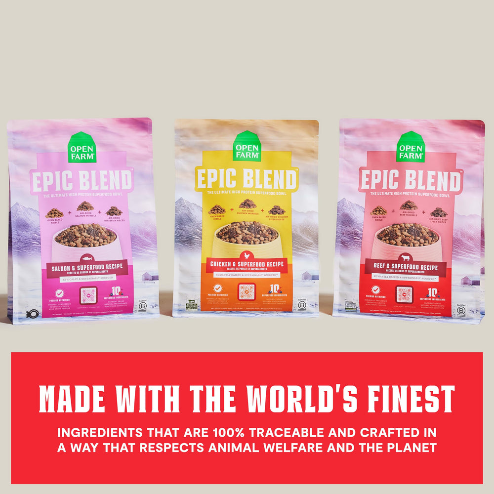 Open Farm Epic Blend superfoods ingredient panel emphasizes antioxidant-rich components for vitality.