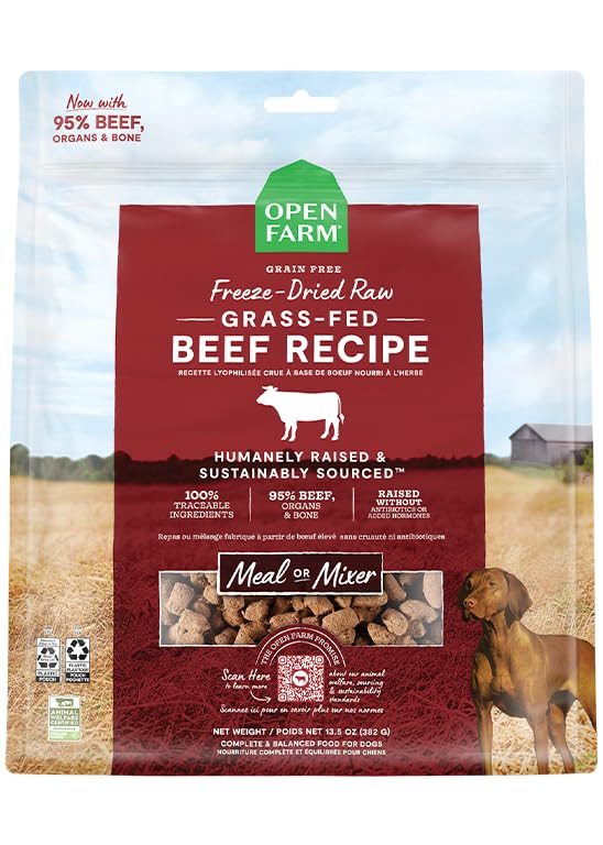 Open Farm freeze-dried dog food morsels bag shows high-protein bites for complete meals