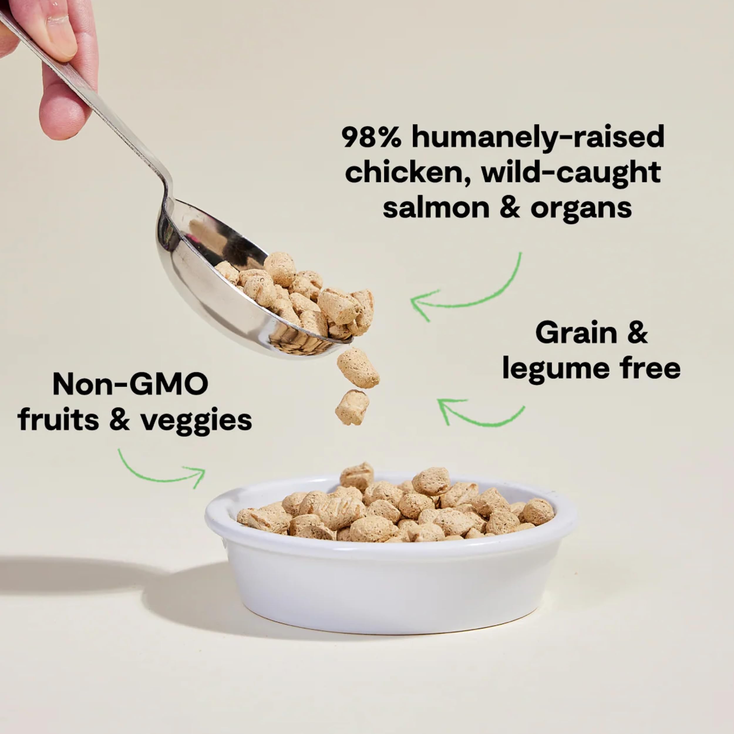 Open Farm freeze-dried raw cat food serving bowl shows convenient meal option for quick feeding.
