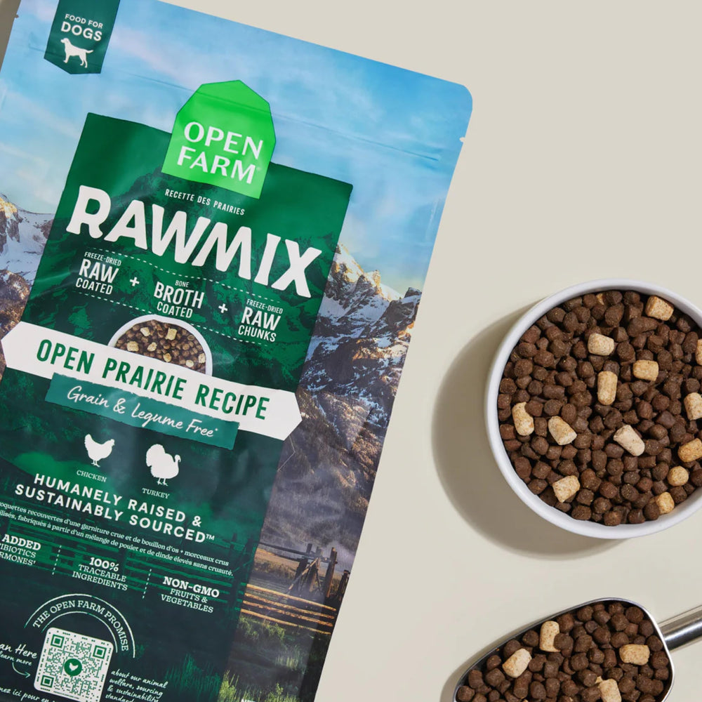 Open Farm freeze-dried raw chunks closeup highlights meat-forward texture