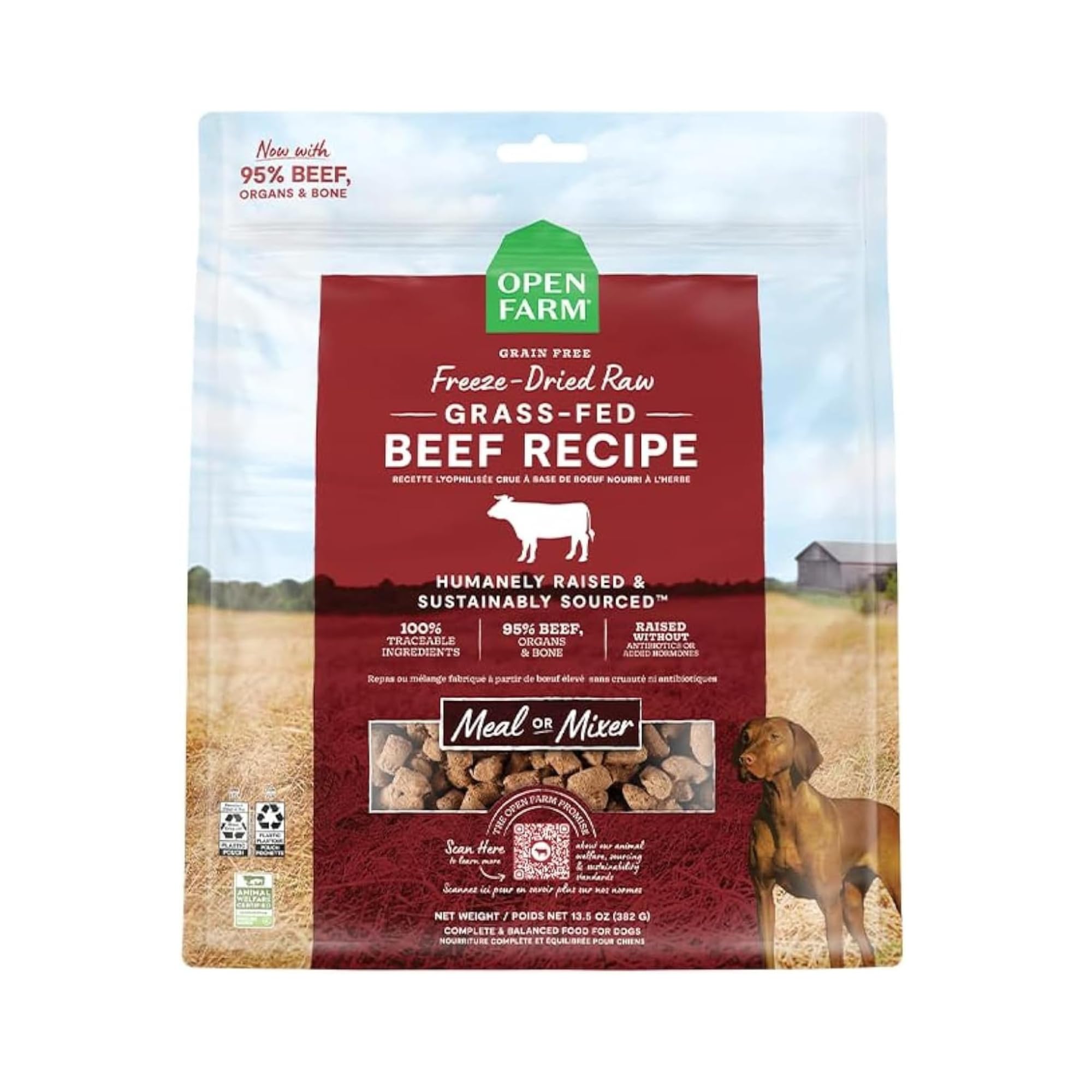Open Farm Freeze-Dried Raw Dog Food beef recipe pack showing premium grass-fed beef