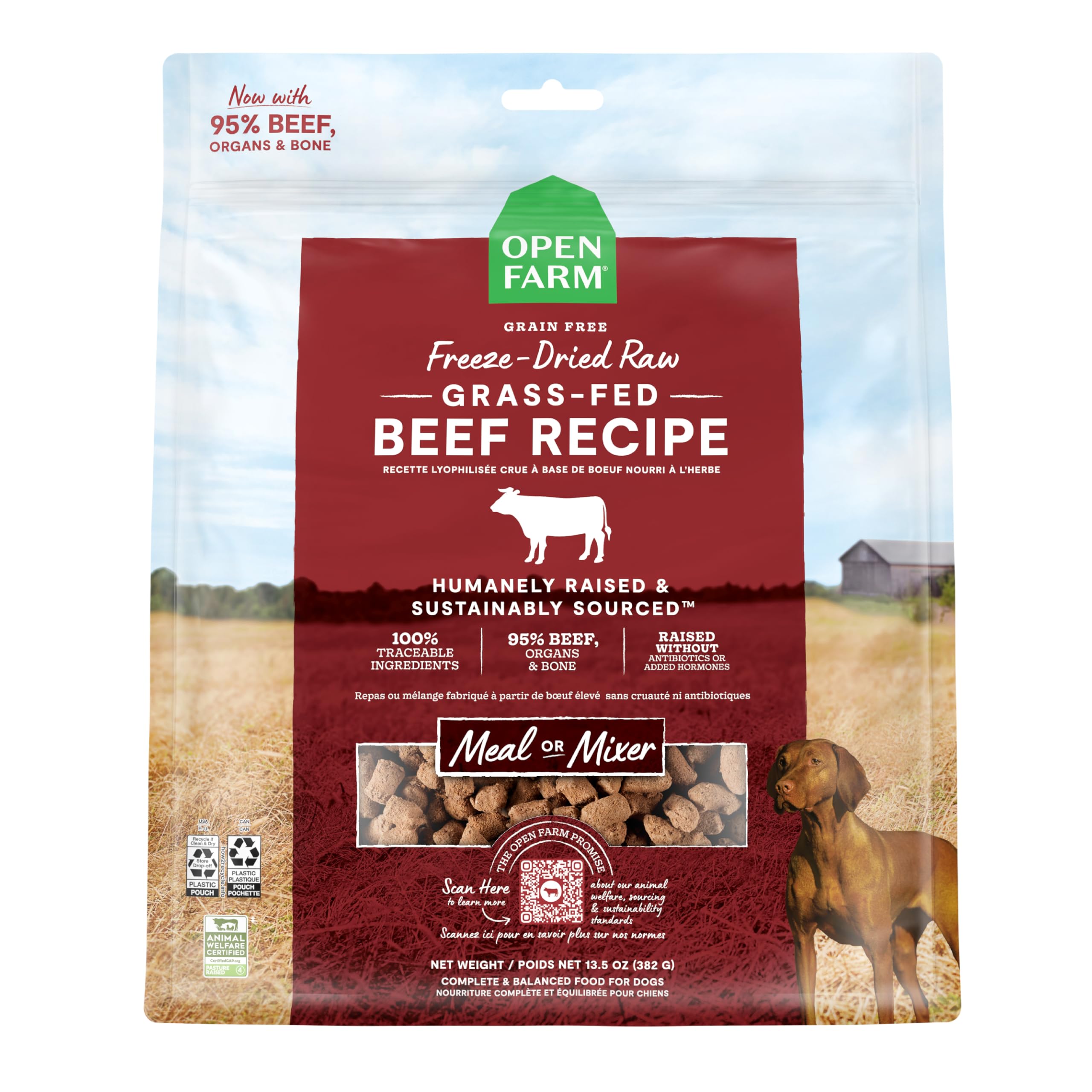 Open Farm freeze-dried morsels close-up show 95% meat for high-protein nutrition