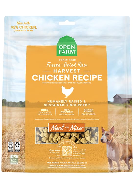 Open Farm freeze-dried raw dog food morsels in bag close-up; rich flavor for mealtime.