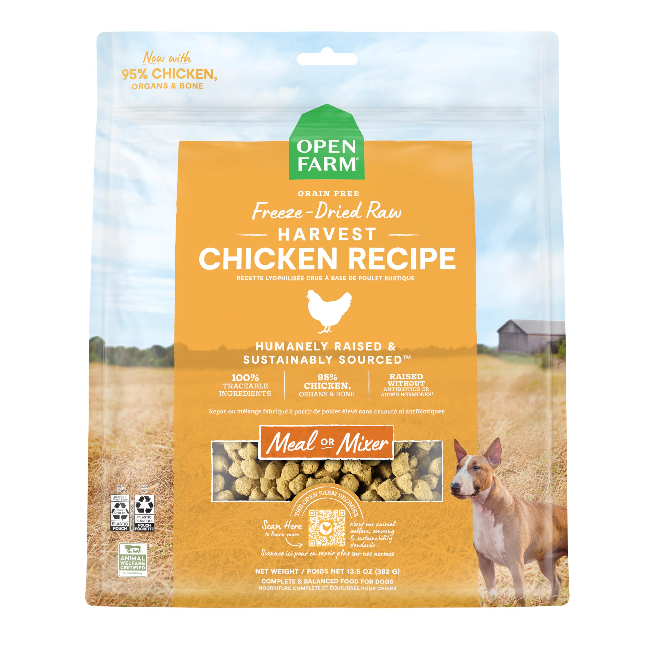 Open Farm freeze-dried morsels pack shot emphasizing high-protein nutrition.