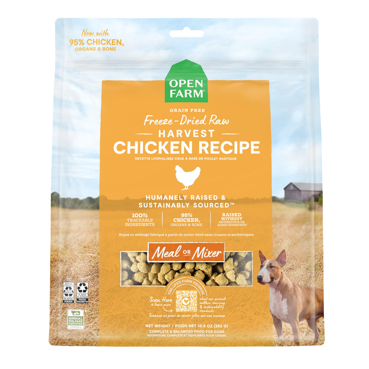 Open Farm freeze-dried morsels pack shot emphasizing high-protein nutrition.