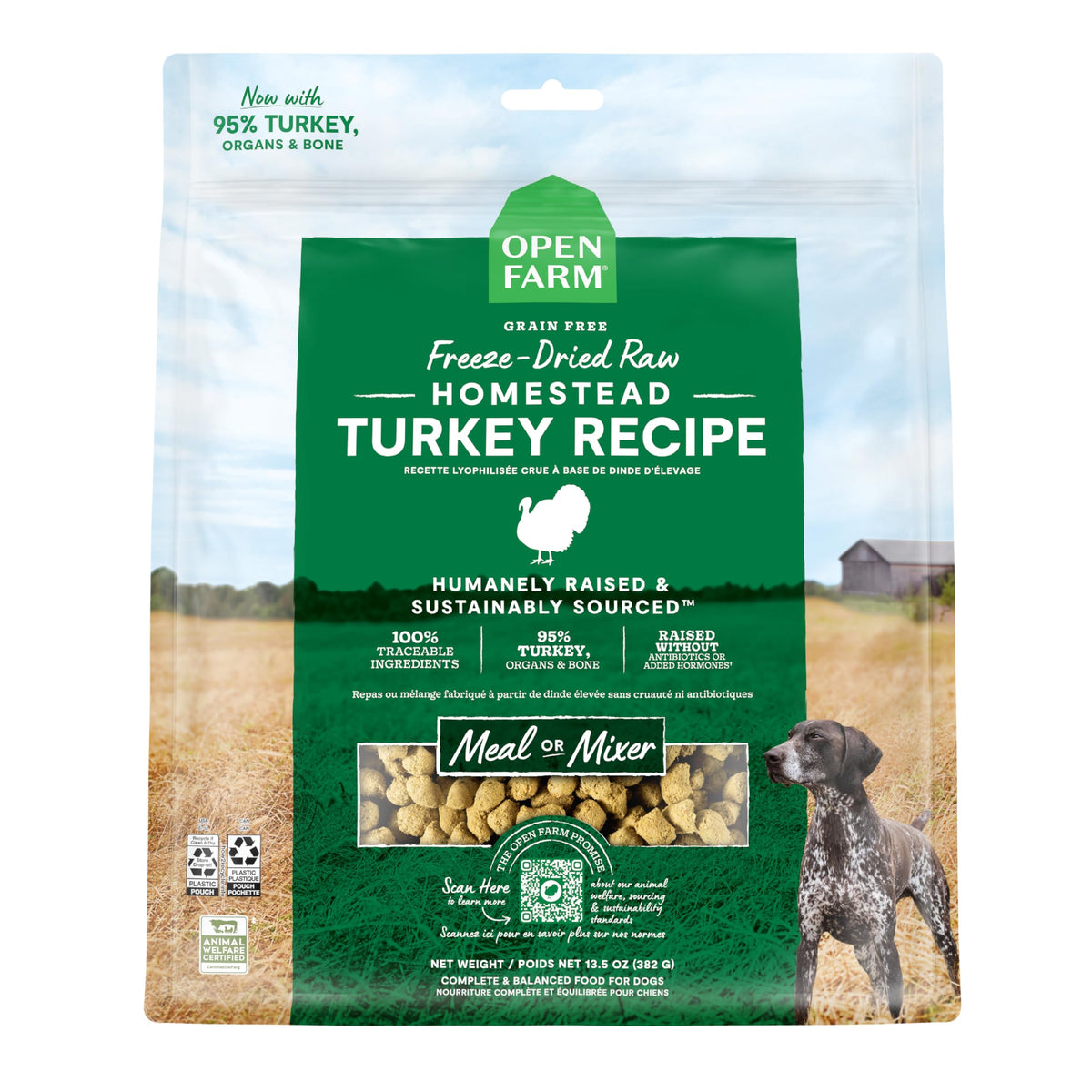 Open Farm turkey recipe morsels bag front shows protein-rich 95% meat blend for dogs