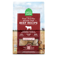 Open Farm freeze-dried raw dog food patties in bag showing high-protein option for dogs
