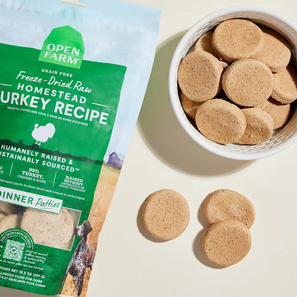 Close-up of Open Farm turkey patties shows rich meat and organ texture