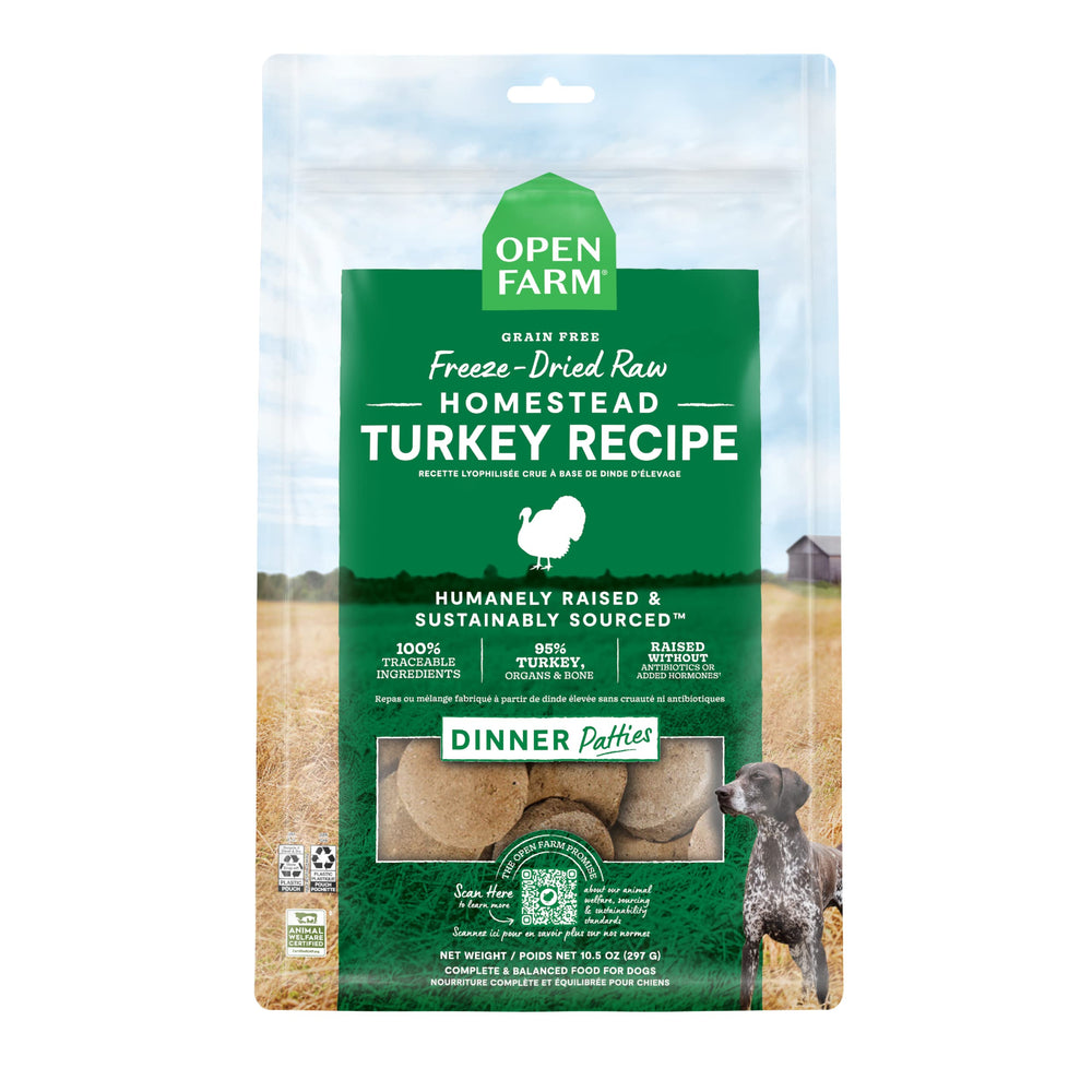 Open Farm turkey patties packaging highlights a complete meal option for dogs