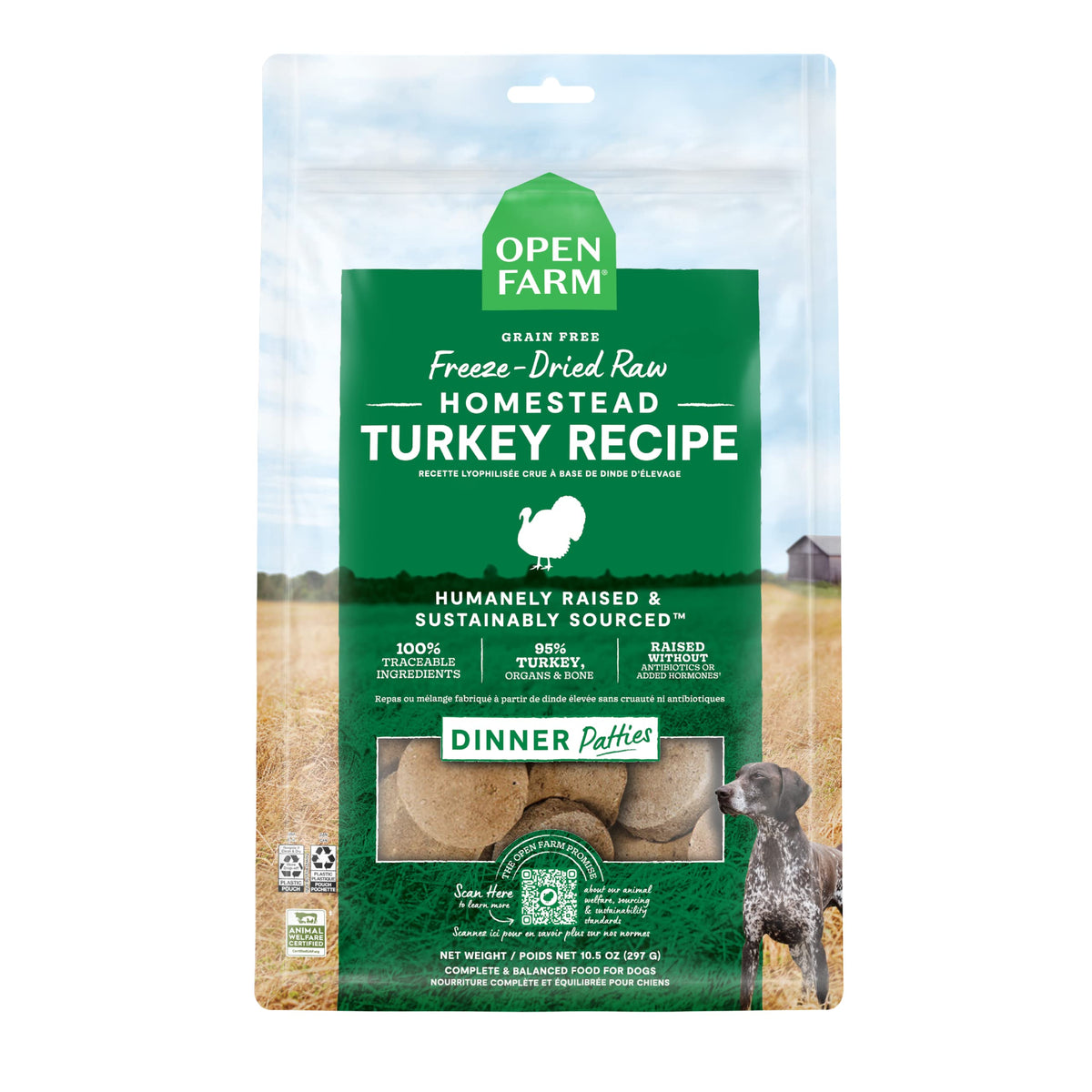 Open Farm turkey patties packaging highlights a complete meal option for dogs