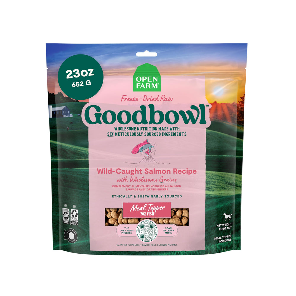 Open Farm Goodbowl dog food topper packaging highlights freeze-dried raw nutrition boost.