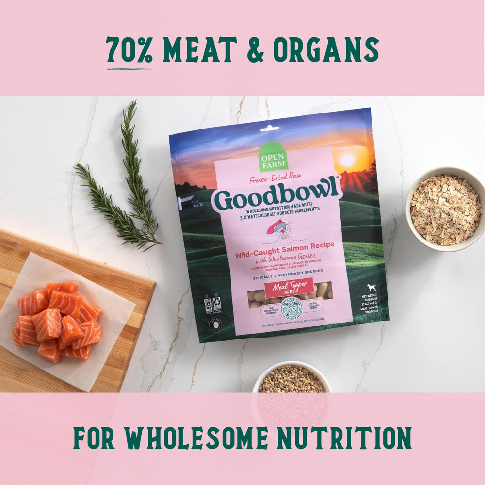 Open Farm Goodbowl topper served in a bowl demonstrates easy meal enhancement.