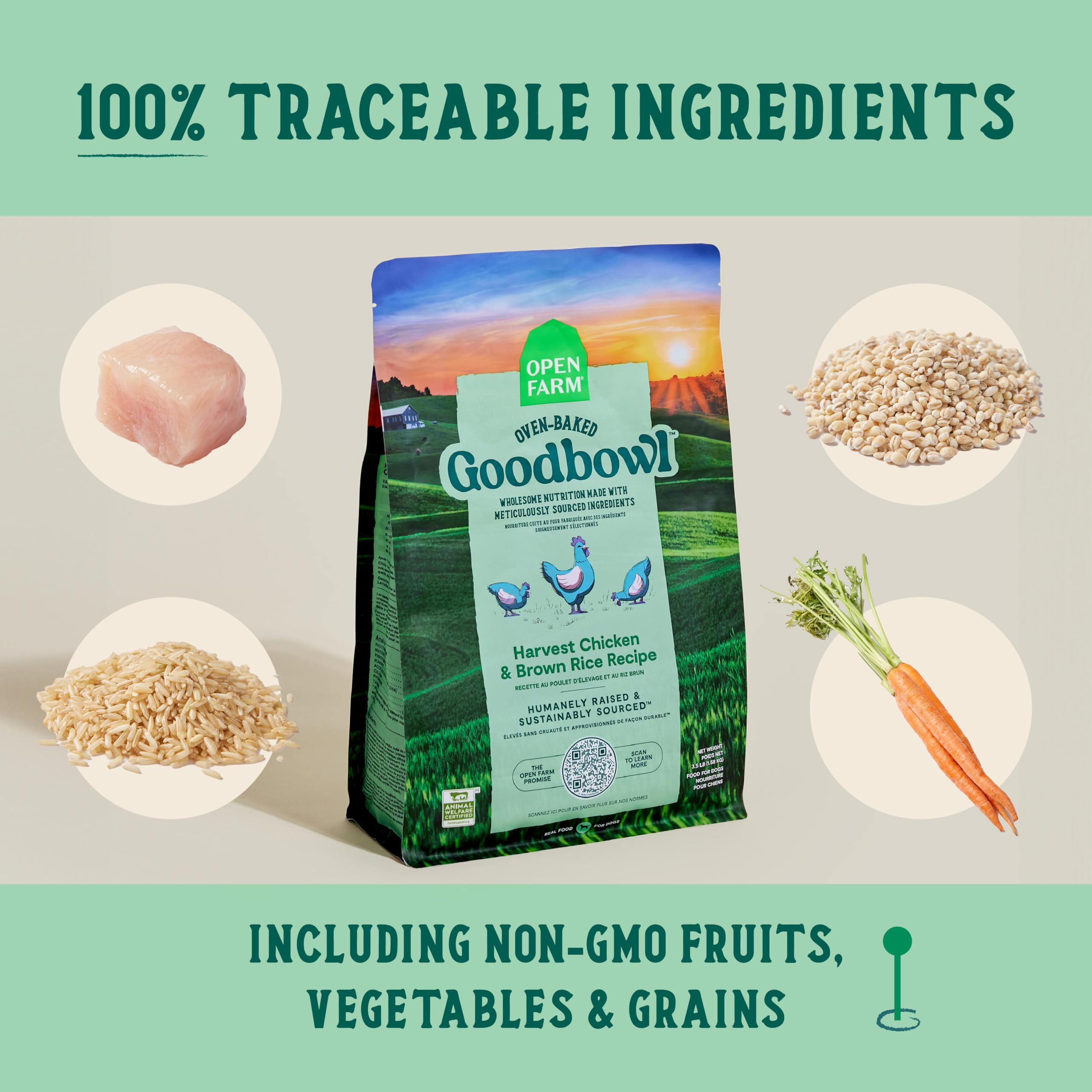 Open Farm Goodbowl Non-GMO produce and grains support balanced dog nutrition.
