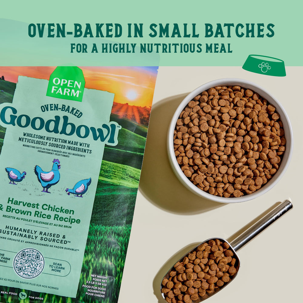 Open Farm Goodbowl oven-baked kibble being poured into a bowl for a tasty meal.