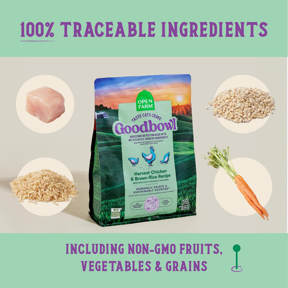 Open Farm Goodbowl uses simple ingredients with non-GMO produce and grains.