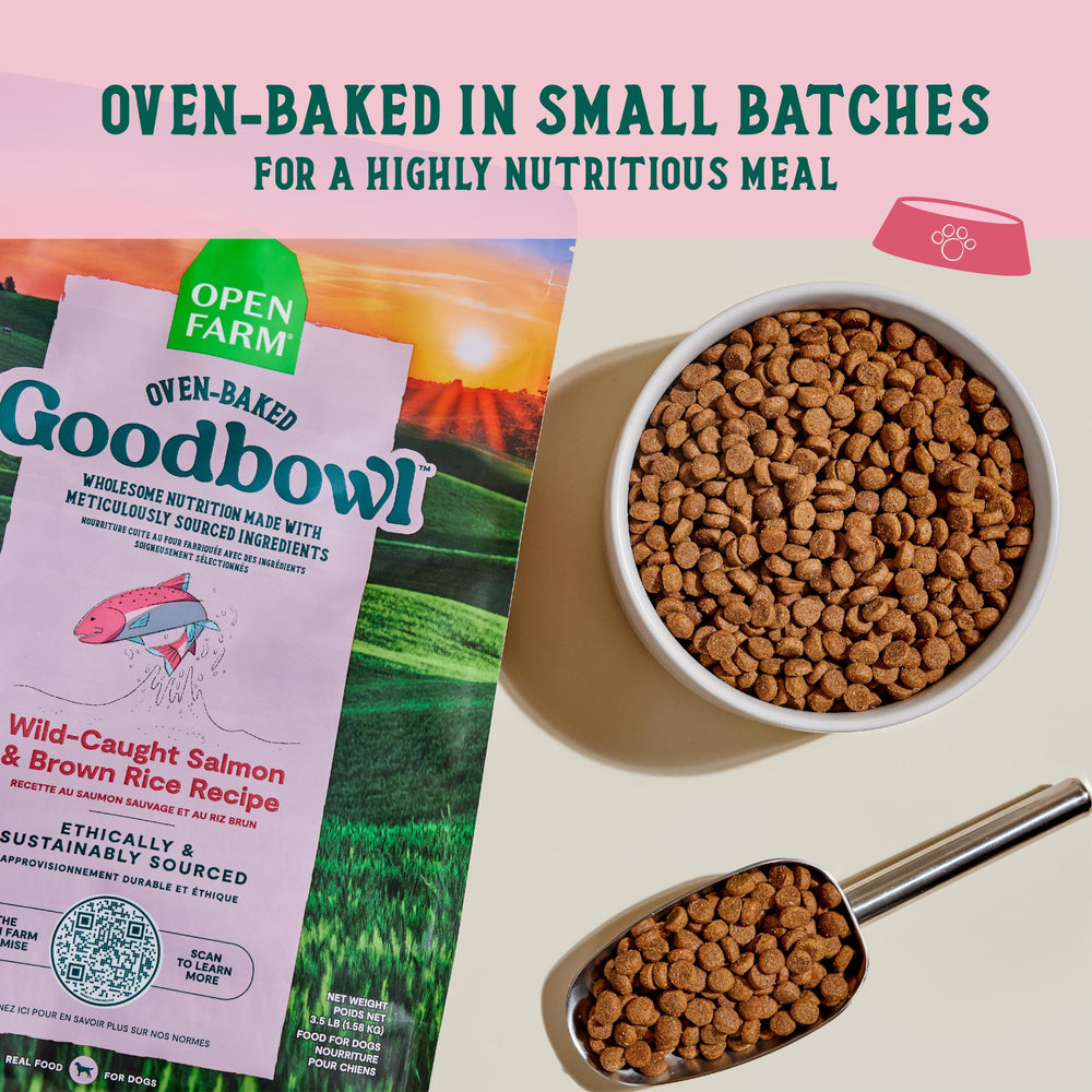 Open Farm Goodbowl wild-caught salmon first-ingredient image emphasizes high-protein flavor appeal.