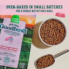 Open Farm Goodbowl wild-caught salmon first-ingredient image emphasizes high-protein flavor appeal.