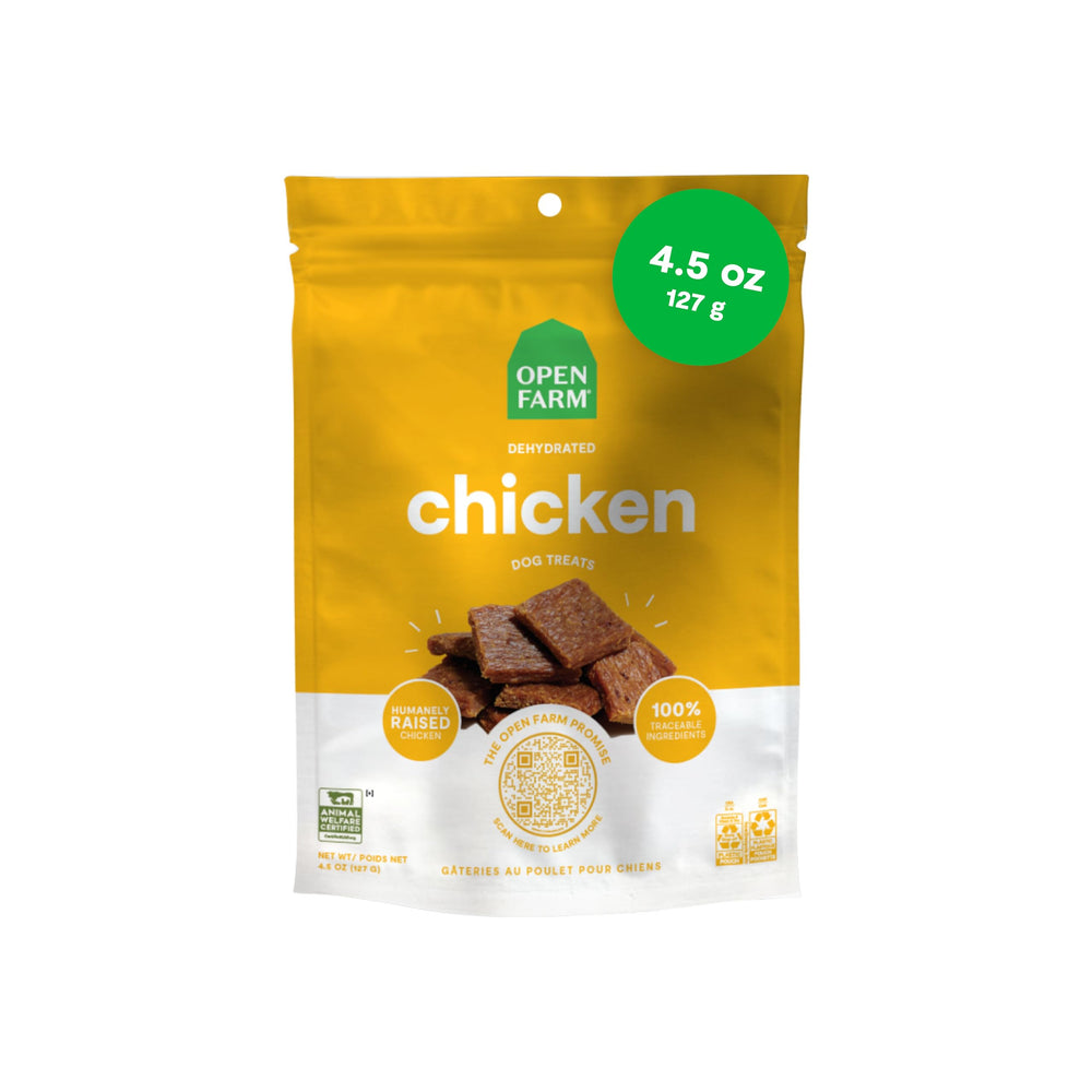 Open Farm grain-free dehydrated chicken dog treats in a 4.5oz pouch for healthy rewards.