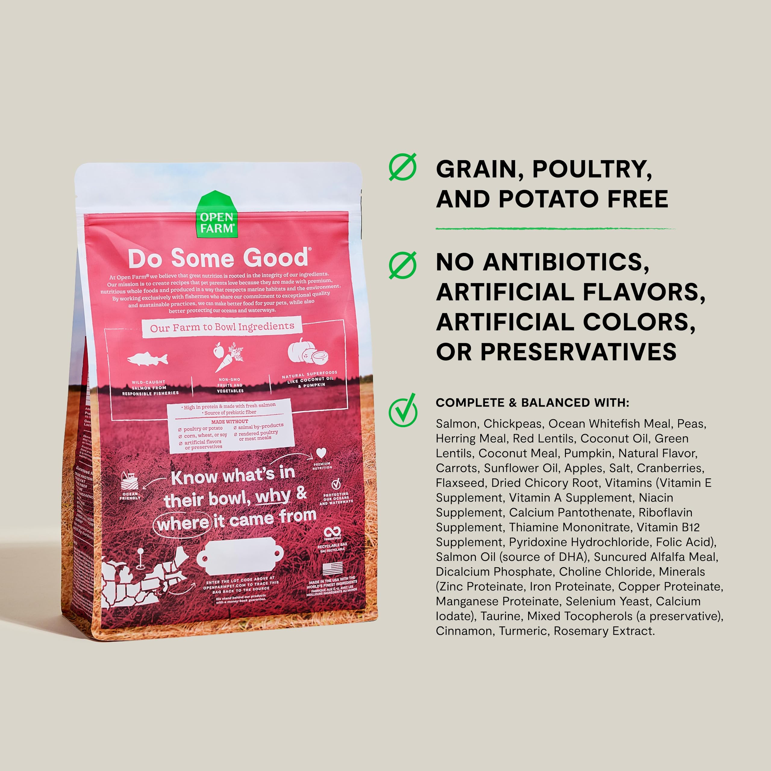 Open Farm grain-free dry dog food serving bowl shows wholesome kibble.