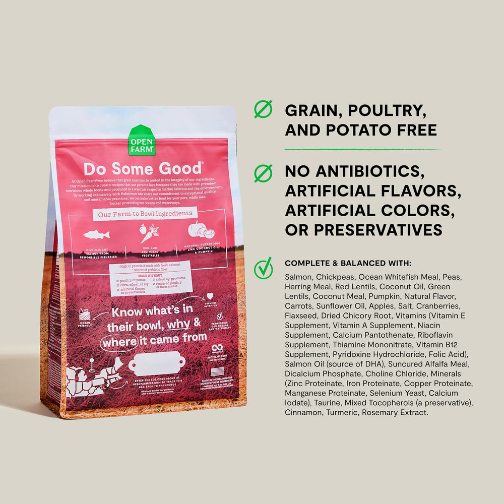 Open Farm grain-free dry dog food serving bowl shows wholesome kibble.