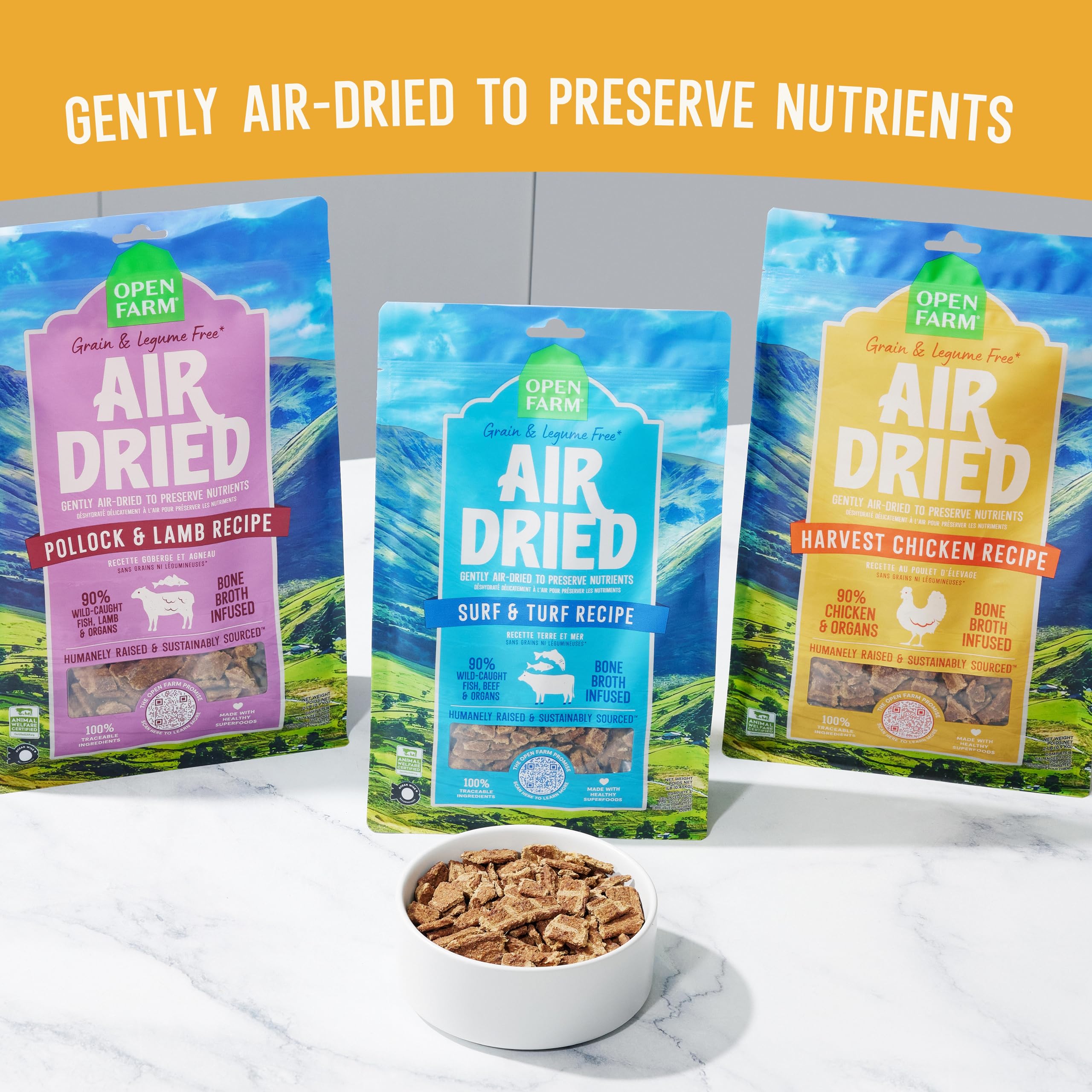 Open Farm grain-free and legume-free recipe supports protein-forward meals for dogs.