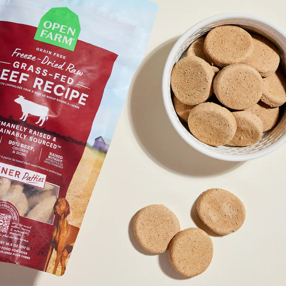 Open Farm grass-fed beef patties close-up highlighting high-protein option