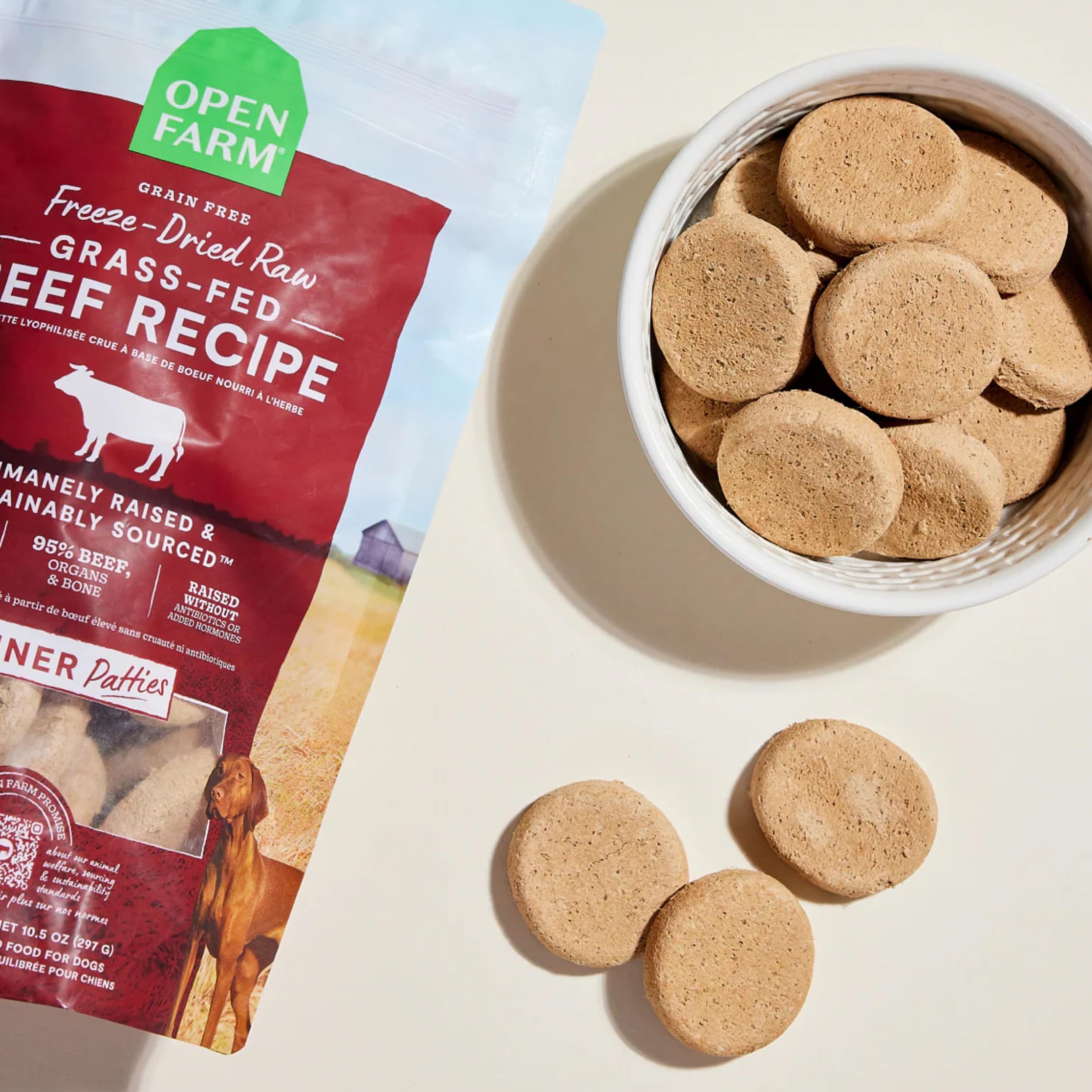 Open Farm grass-fed beef patties close-up highlighting real flavor
