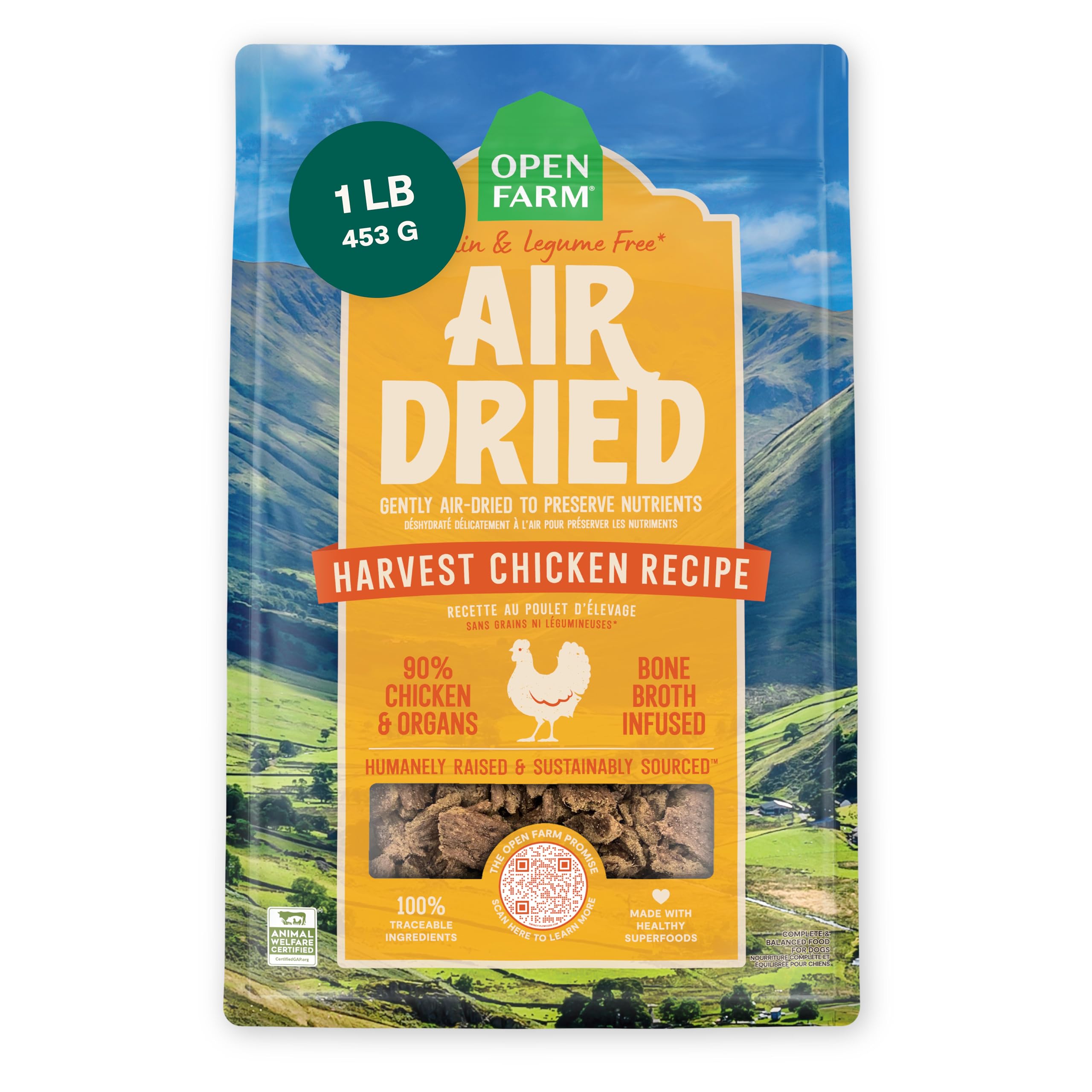 Open Farm Harvest Chicken air-dried bag shows premium texture for meals or toppers.