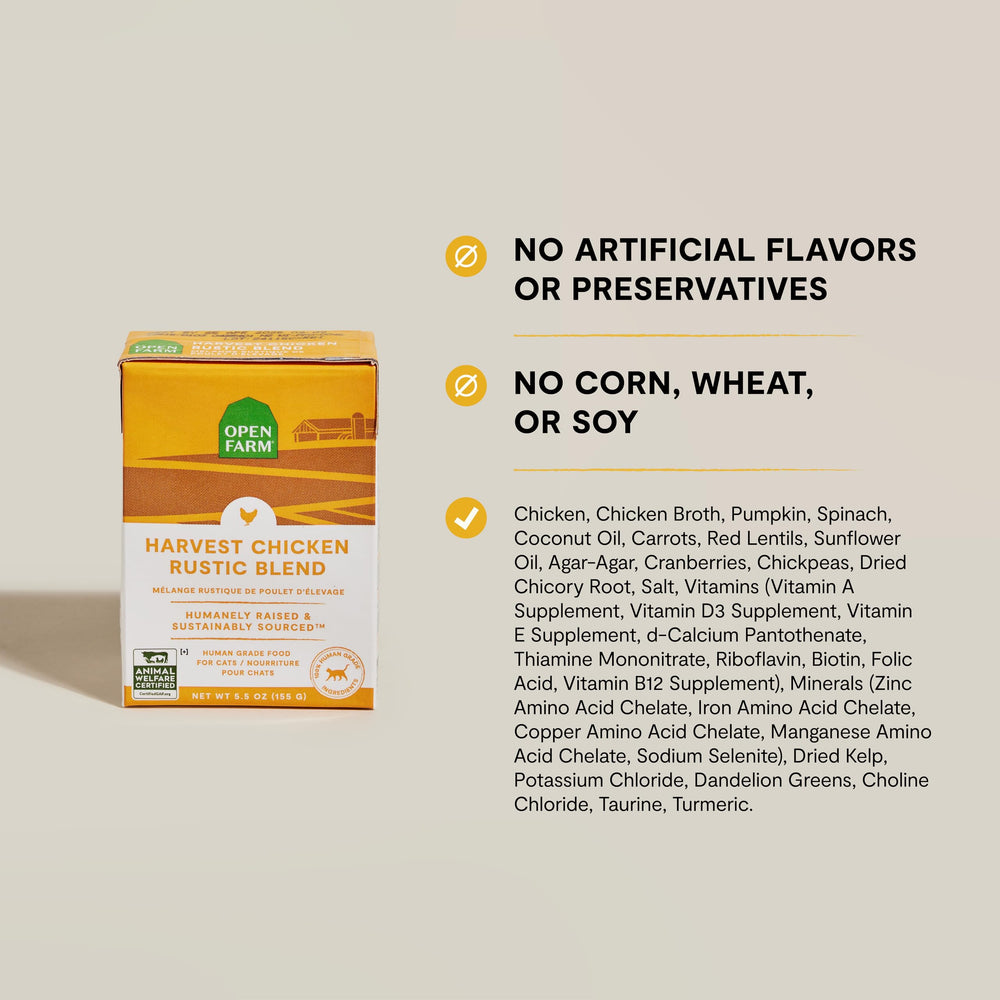 Open Farm Harvest Chicken ingredients lineup with humane meat and non-GMO veggies.