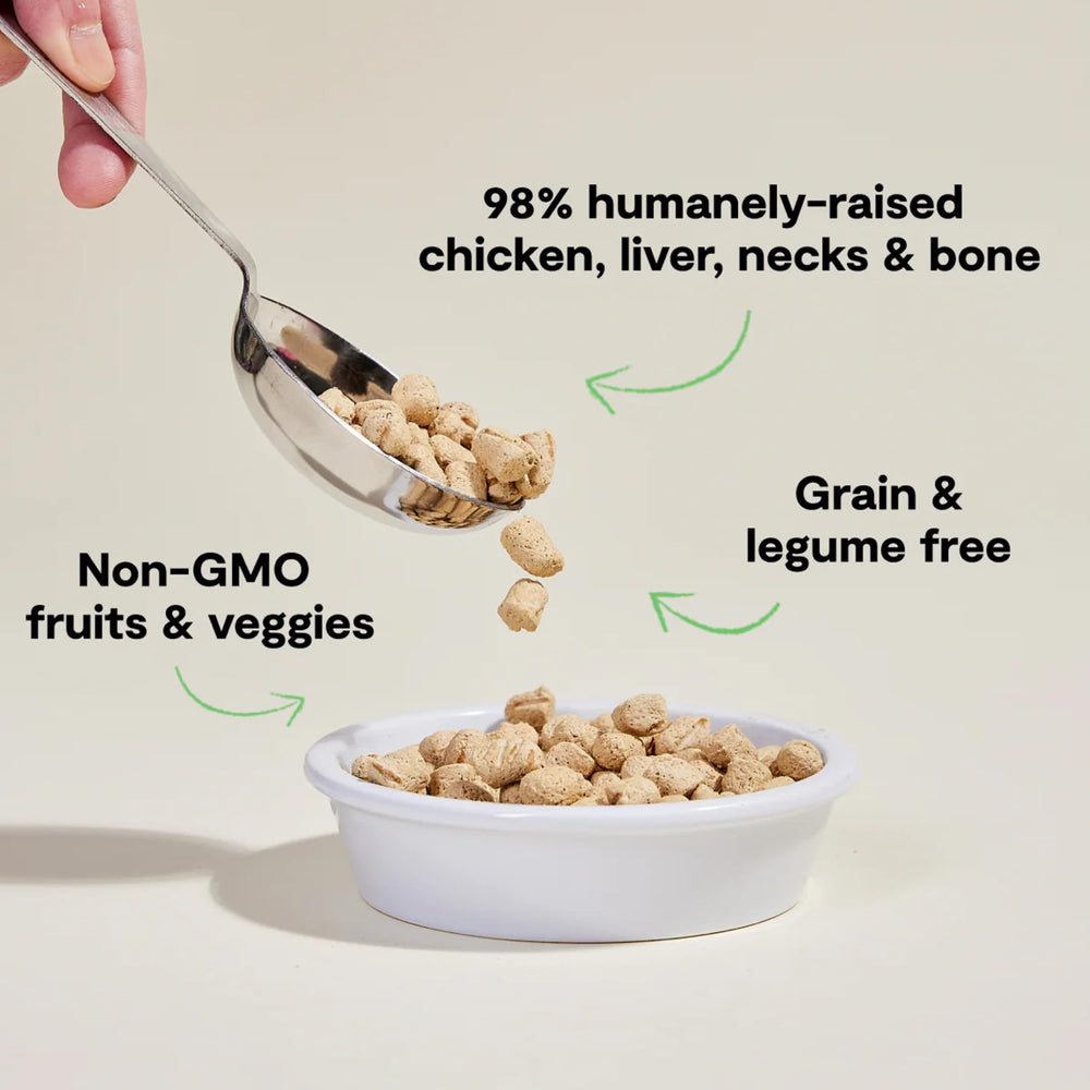 Open Farm Harvest Chicken Recipe ingredient close-up reveals grain-free non-GMO components