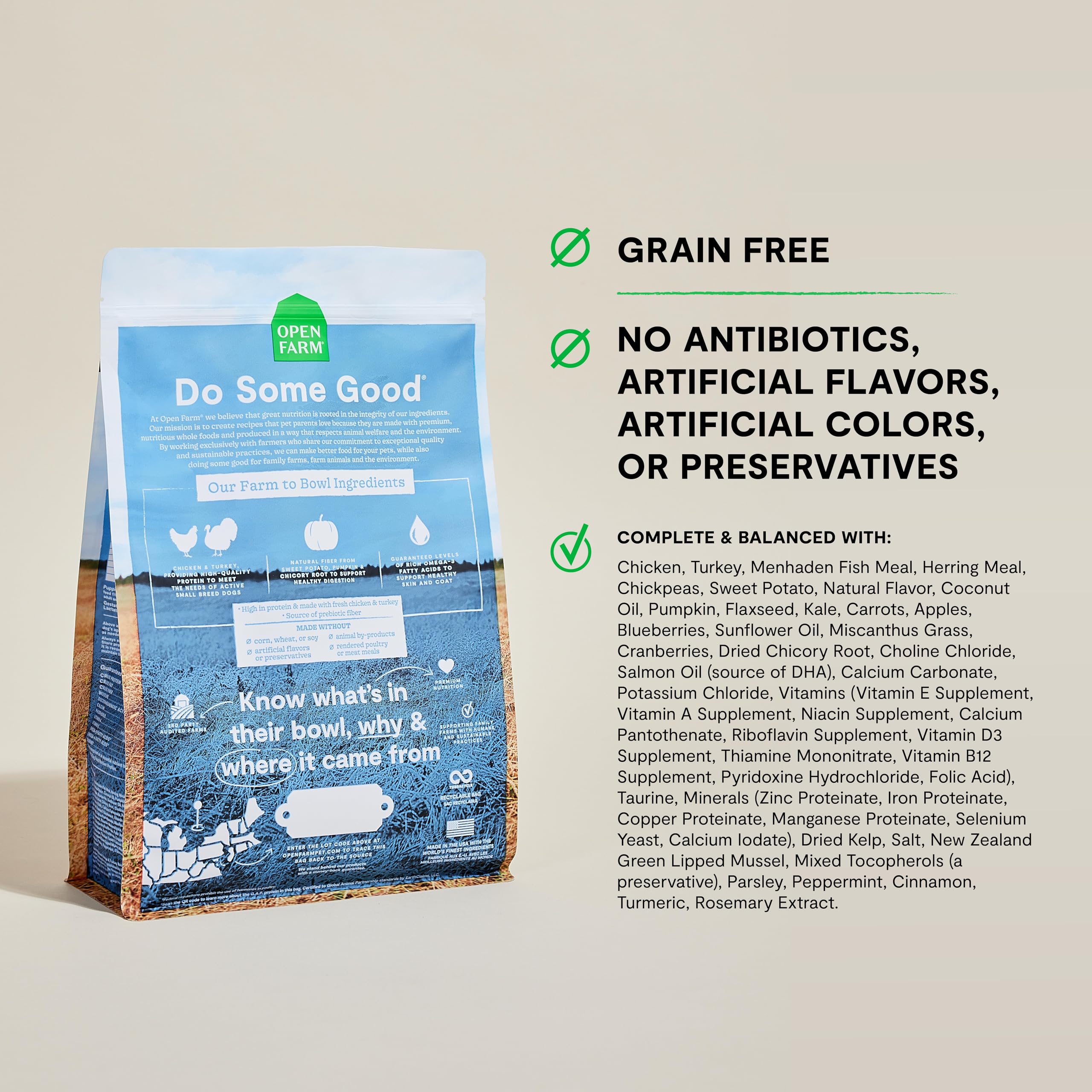 Open Farm high-protein kibble with chicken and turkey for active small dogs.