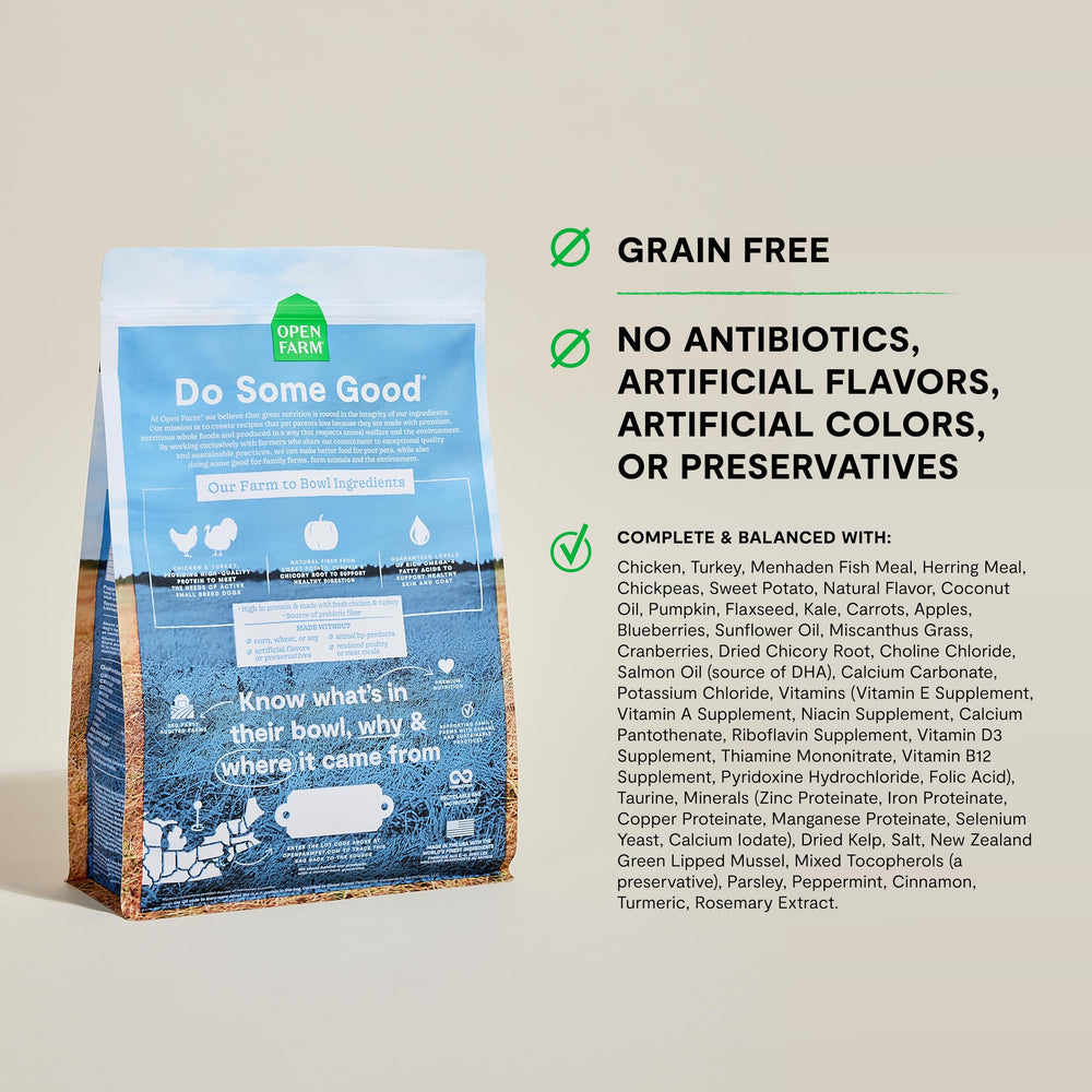 Open Farm high-protein kibble with chicken and turkey for active small dogs.