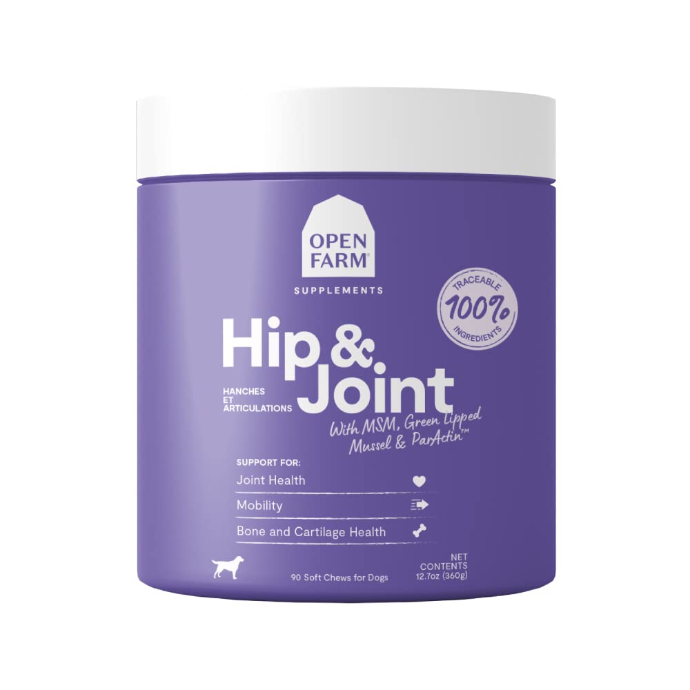 Open Farm Hip & Joint Chews bottle shows clear labeling for easy dosing and traceable ingredients.
