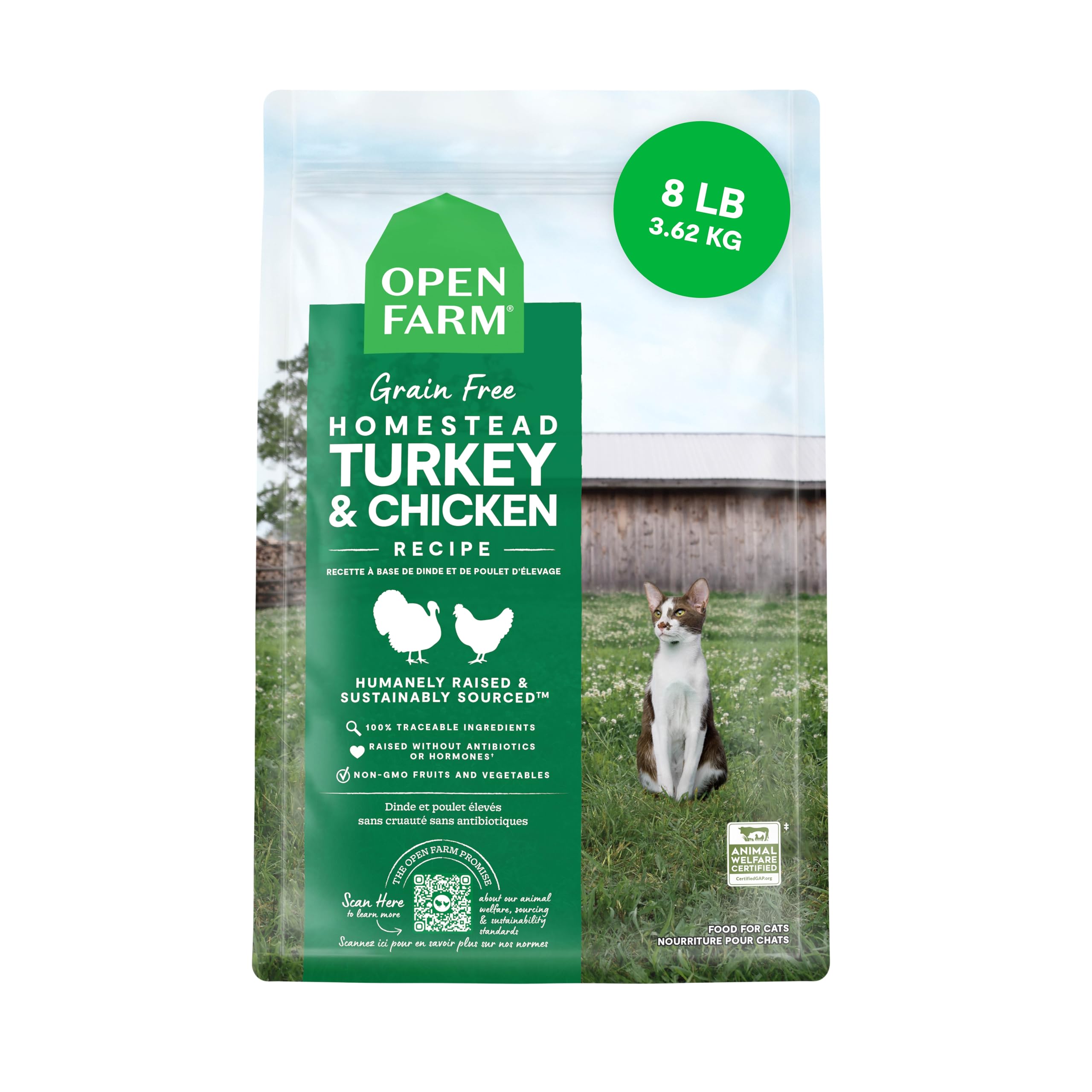Open Farm homestead turkey-chicken recipe bag 8lb ready for complete cat nutrition.